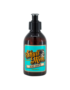 Envase de Skull Men Beard Shampoo 200ml, champú para el cuidado diario de la barba masculina.