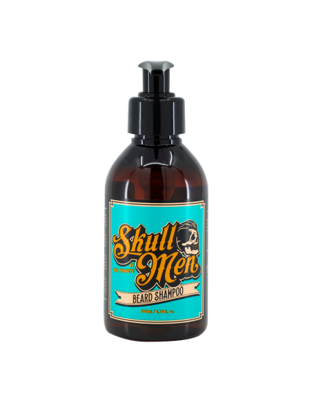 Envase de Skull Men Beard Shampoo 200ml, champú para el cuidado diario de la barba masculina.