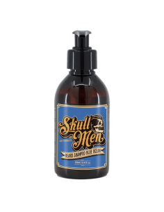 Envase de Skull Men Beard Shampoo Blue Ocean 200ml, champú para el cuidado diario de la barba masculina.