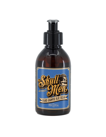 Envase de Skull Men Beard Shampoo Blue Ocean 200ml, champú para el cuidado diario de la barba masculina.