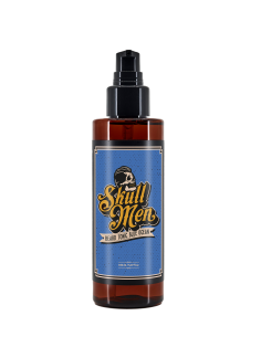 Envase de Skull Men Beard Tonic Blue Ocean 150ml, tónico para barba con aceite de argán, romero y hamamelis.