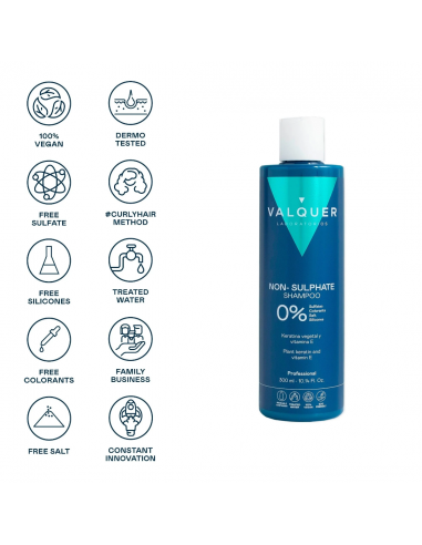 Envase de Valquer Champú Sin Sulfatos 300 ml, champú vegano sin sulfatos ni sal.