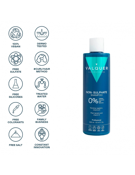 Envase de Valquer Champú Sin Sulfatos 300 ml, champú vegano sin sulfatos ni sal.